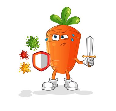 Virüs çizgi filmine karşı havuç. çizgi film maskotu vektörü