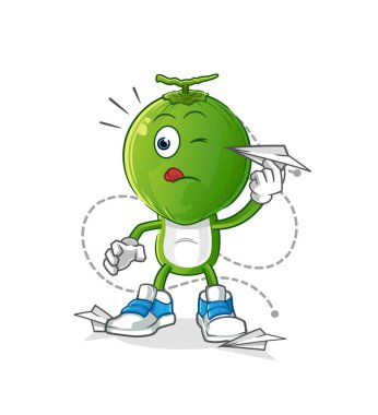 Kağıt uçak karakterli yeşil hindistan cevizi kafası çizgi filmi. çizgi film vektörü