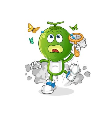 Yeşil hindistan cevizi kafalı çizgi film kelebek resimlerini yakalıyor. karakter vektörü