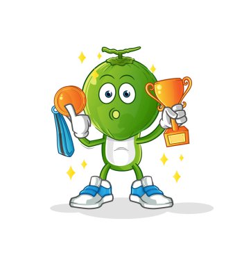 Yeşil hindistan cevizi kafalı çizgi film galibi trophie ile. çizgi film karakteri