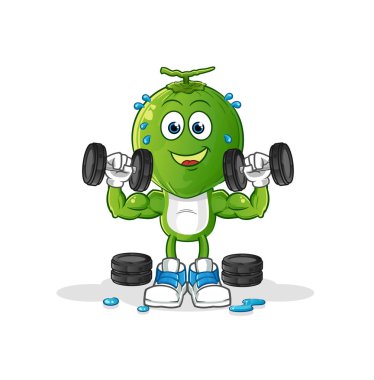 Yeşil hindistan cevizi kafalı çizgi film ağırlık idmanı illüstrasyonu. karakter vektörü