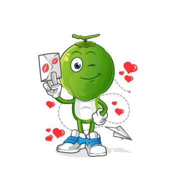 Yeşil hindistan cevizi kafalı karikatür aşk mektubu illüstrasyonu. karakter vektörü