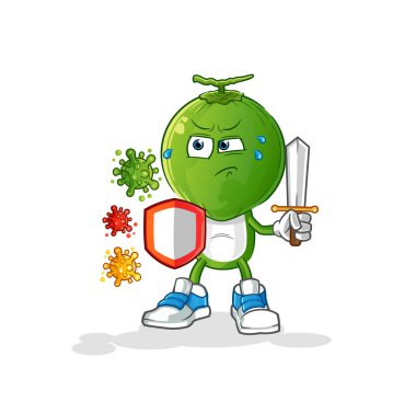 Virüslere karşı yeşil hindistan cevizi kafası çizgi filmi. çizgi film maskotu vektörü