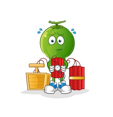 Yeşil Hindistan cevizi kafalı çizgi film karakteri dinamit taşıyor. çizgi film vektörü