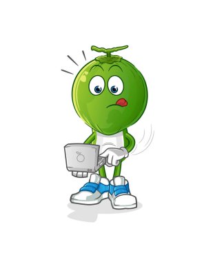 Laptop maskotlu yeşil hindistan cevizi kafası çizgi filmi. çizgi film vektörü