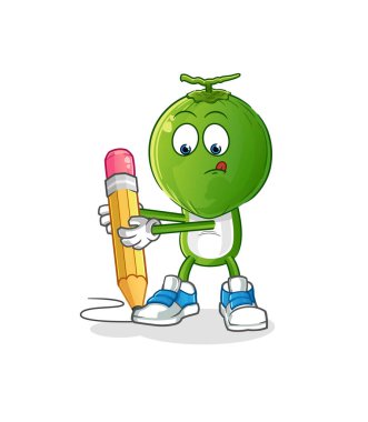 Yeşil hindistan cevizi kafalı karikatür kalemle yazılmış. çizgi film maskotu vektörü