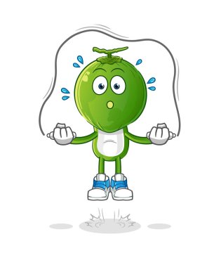 Yeşil hindistan cevizi kafalı çizgi film atlama ipi egzersizi. karakter vektörü