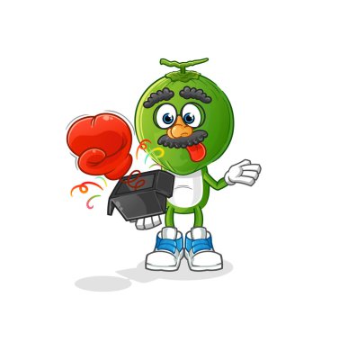 Yeşil hindistan cevizi kafalı karikatür şaka eldiveni kutuda. çizgi film maskotu