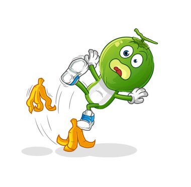 Yeşil hindistan cevizi kafalı çizgi film muza basıp kaydı. çizgi film maskotu vektörü