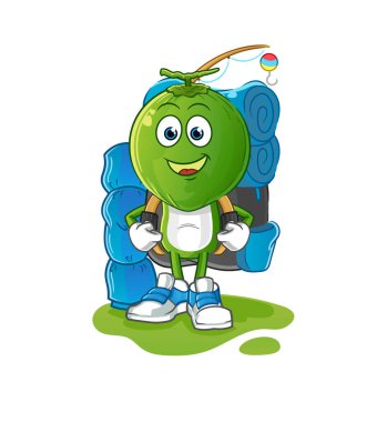 Yeşil hindistan cevizi kafalı çizgi film maskotu kampa gider. çizgi film vektörü