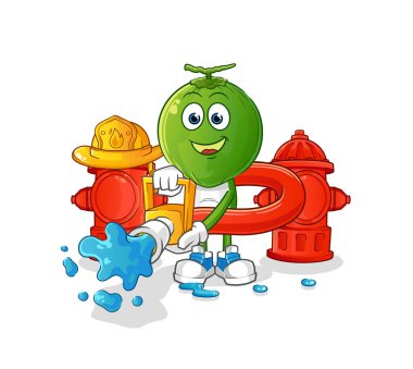 Yeşil hindistan cevizi kafalı çizgi film itfaiyecisi vektörü. çizgi film karakteri