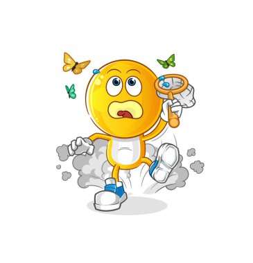 Çizgi film karakteri kelebek resimlerini yakalıyor. karakter vektörü