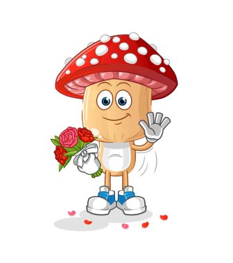 Buket maskotlu kırmızı mantar kafalı çizgi film. çizgi film vektörü