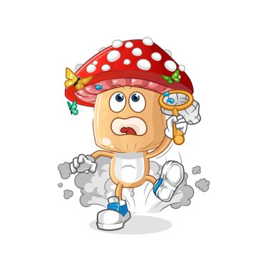 Kırmızı mantar kafalı çizgi film kelebek resimlerini yakalıyor. karakter vektörü