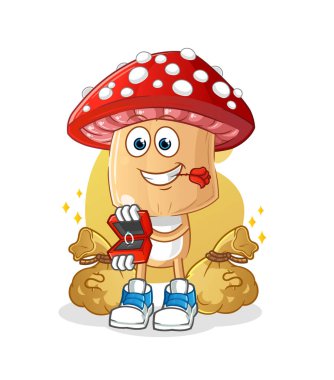 Kırmızı mantar kafalı çizgi film karakteri yüzükle evlenme teklif ediyor. çizgi film maskotu vektörü