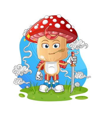 Kızıl mantar kafalı karikatür samurayı. çizgi film maskotu vektörü