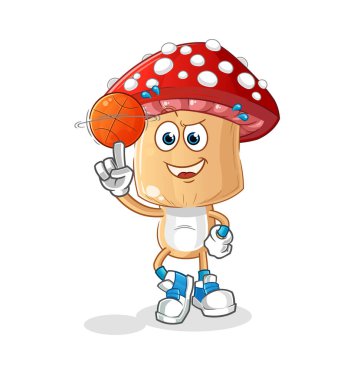 Kırmızı mantar kafalı çizgi film, basket topu maskotu oynuyor. çizgi film vektörü