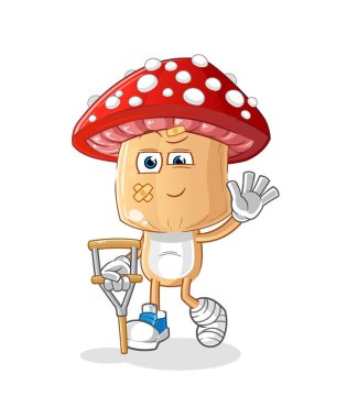 Kırmızı mantar kafalı, topallayan sopalı hasta çizgi film karakteri. çizgi film vektörü