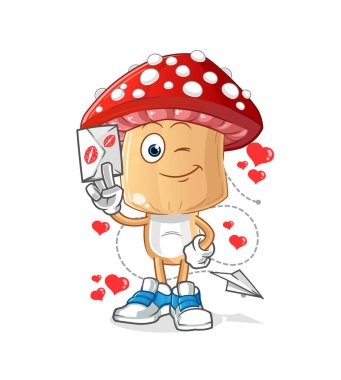 Kırmızı mantar kafalı karikatür aşk mektubu illüstrasyonu. karakter vektörü