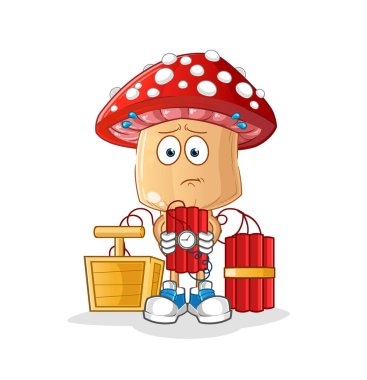 Kırmızı mantar kafalı çizgi film karakteri dinamit taşıyor. çizgi film vektörü