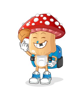 Kırmızı mantar kafa karikatürü okul vektörüne gidiyor. çizgi film karakteri