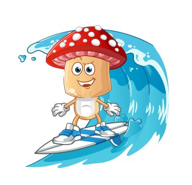 Kırmızı mantar kafalı sörf karakteri. çizgi film maskotu vektörü