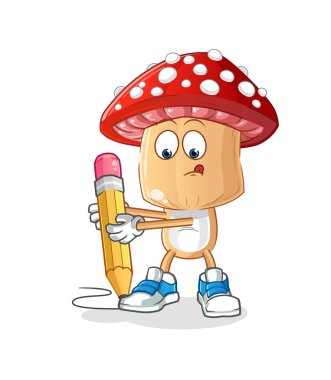 Kırmızı mantar kafalı çizgi film karakteri kalemle yazıyor. çizgi film maskotu vektörü