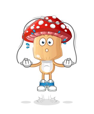 Kırmızı mantar kafa çizgi film ip atlama egzersizi. karakter vektörü