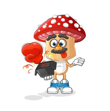 Kırmızı mantar kafalı karikatür şaka eldiveni kutuda. çizgi film maskotu