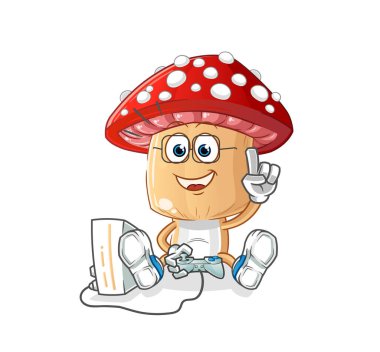 Kırmızı mantar kafalı çizgi film karakteri video oyunları oynuyor. çizgi film karakteri