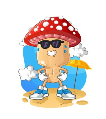 Kırmızı mantarlı çizgi film karakteri yazın güneşleniyor. karakter vektörü