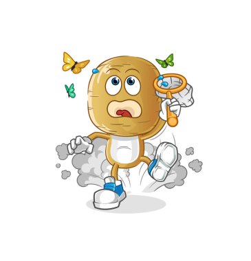 Patates kafalı çizgi film kelebek resimlerini yakalıyor. karakter vektörü