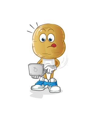 Laptop maskotlu patates kafalı çizgi film. çizgi film vektörü