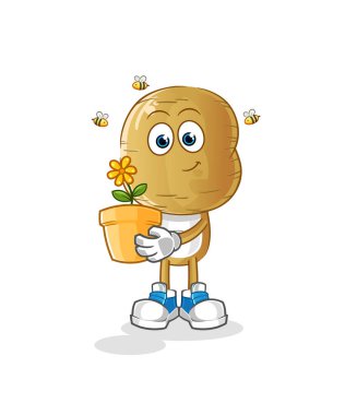 Elinde saksı olan patates kafalı bir çizgi film. karakter vektörü