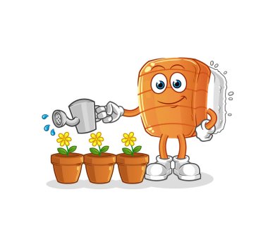 Suşi çiçek maskotunu suluyor. çizgi film vektörü