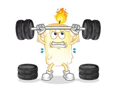 Mum halterciyi kaldırıyor. çizgi film maskotu vektörü
