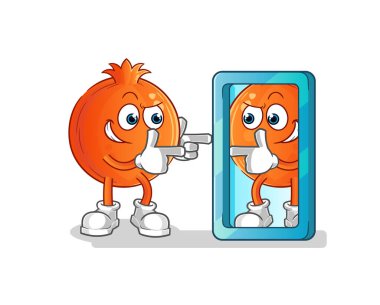 Ayna karikatürüne bakan nar. çizgi film maskotu vektörü