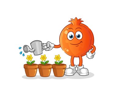 Nar çiçek maskotunu suluyor. çizgi film vektörü