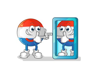 Flaman bayrağı ayna karikatürüne bakıyor. çizgi film maskotu vektörü