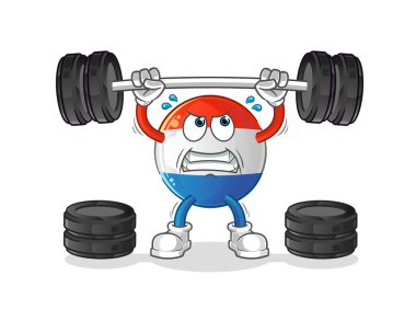 Hollanda bayrağı halterciyi kaldırıyor. çizgi film maskotu vektörü