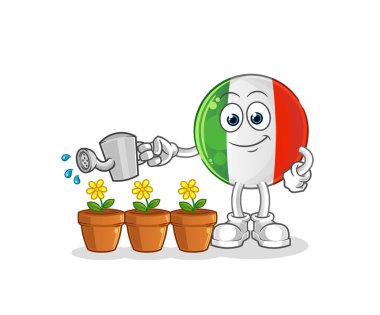 İtalya bayrağı çiçek maskotunu suluyor. çizgi film vektörü