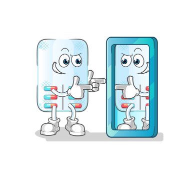 İlaç aynadaki karikatüre bakıyor. çizgi film maskotu vektörü