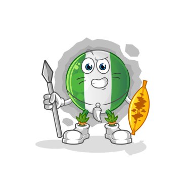 Nijerya bayrağı Afrikalı kabile savaş maskotu. çizgi film vektörü