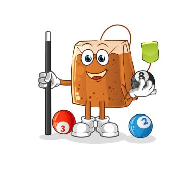 Çay poşeti bilardo karakterini canlandırıyor. çizgi film maskotu vektörü