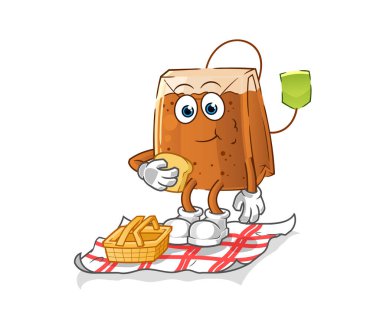 Piknik karikatüründe çay poşeti. çizgi film maskotu vektörü