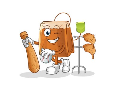 Çay poşeti beyzbol maskotu oynuyor. çizgi film vektörü