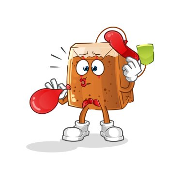 Çay poşeti pandomim balonu şişiriyor. çizgi film maskotu vektörü