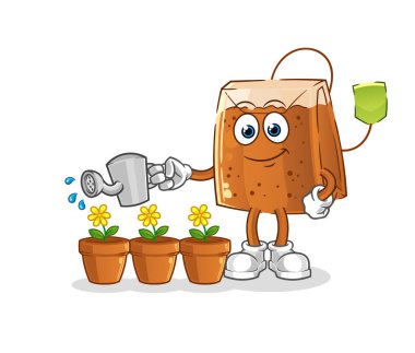 Çay poşeti çiçek maskotunu suluyor. çizgi film vektörü