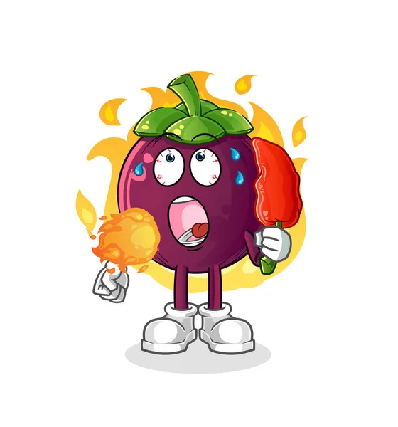 Mangosteen Eat Hot Chilie Mascot Cartoon Vector — Stock Vector