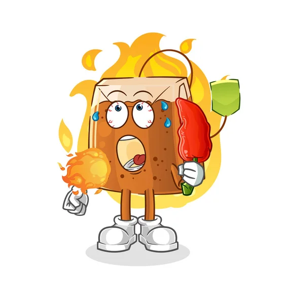 Tea Bag Eat Hot Chilie Mascot Cartoon Vector — Stock Vector
